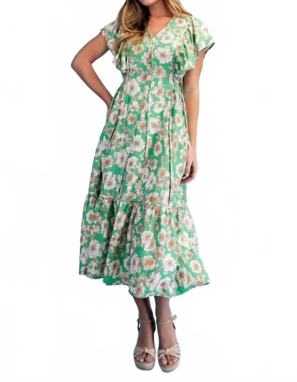 NEW GIGIO vibrant floral print v-neck midi dress in green